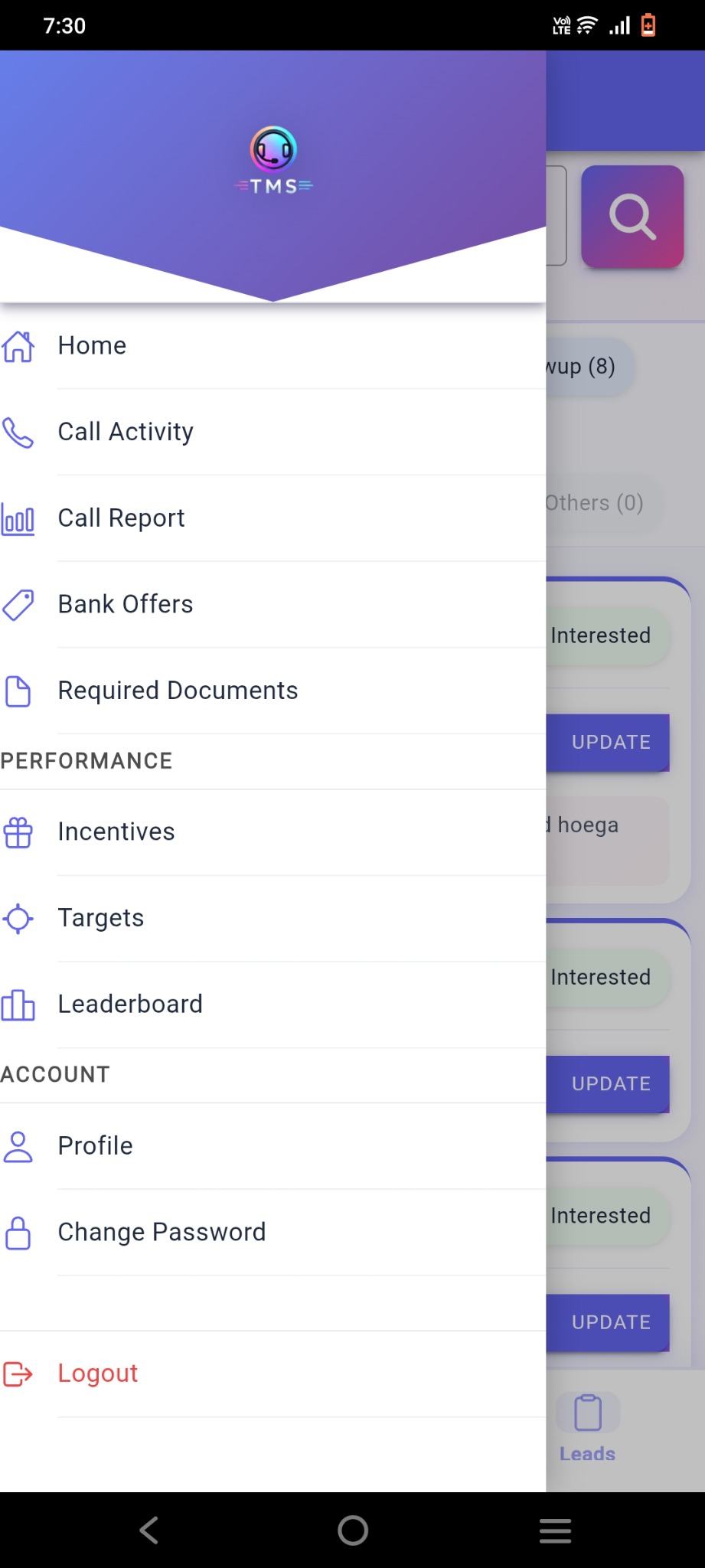 TMS Android app menu for assigned telecaller work