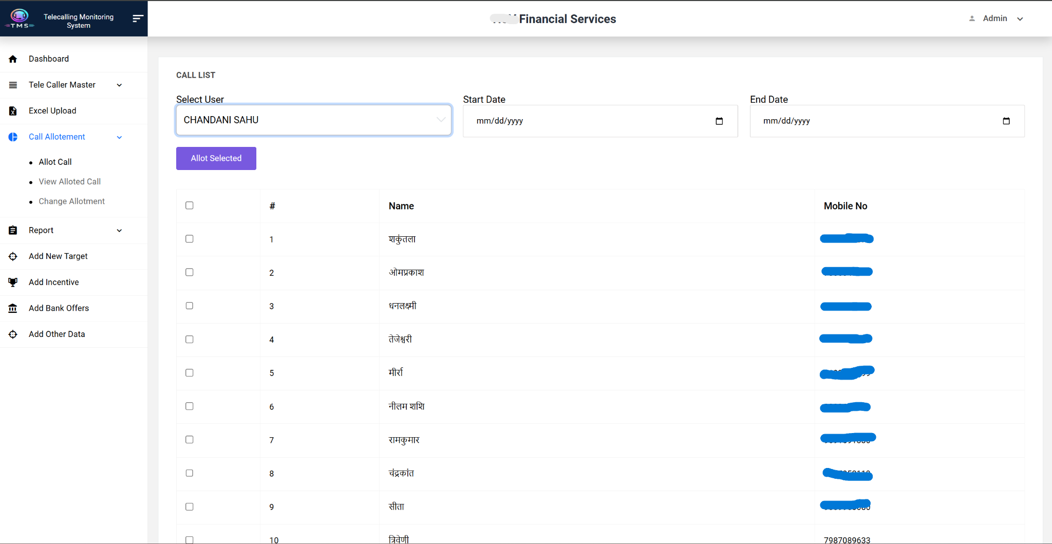 TMS call allotment screen for assigning leads to telecallers