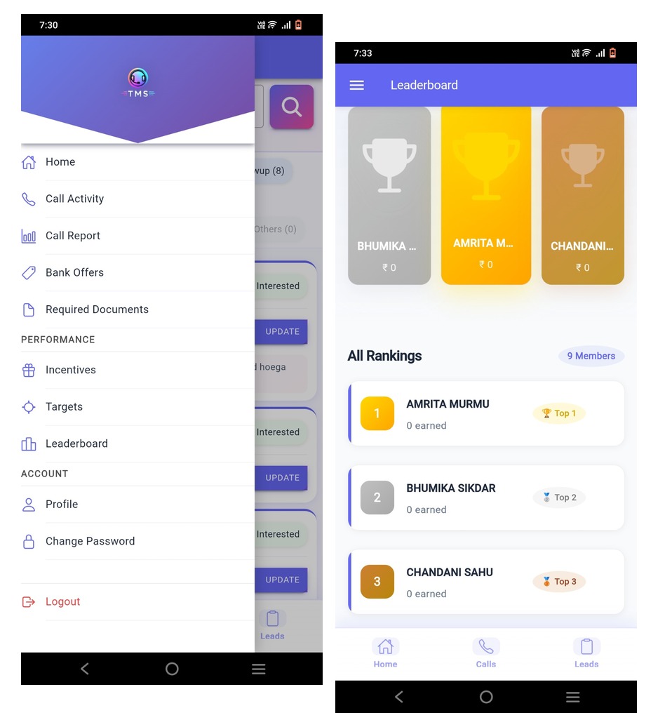 TMS Android telecaller app screens collage