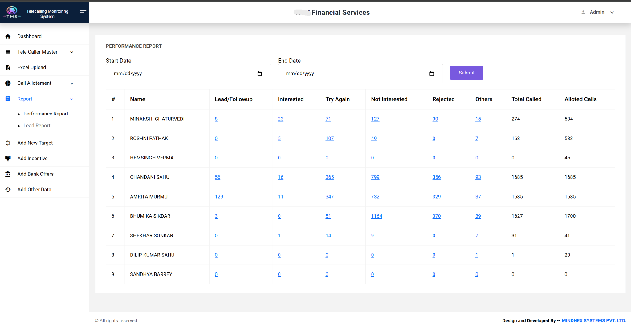 TMS telecaller performance report for leads and follow-ups